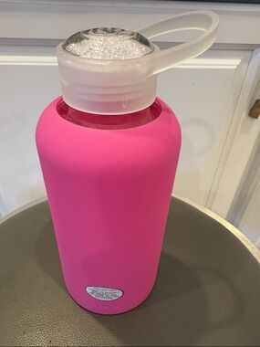 Apana Pink Silicone & Glass Water Bottle with Crystal-like Loop Cap, Holds 34 Oz